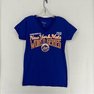 New York Mets World Series 2015 Baseball V Neck Short Sleeve T Shirt Womans M Bl